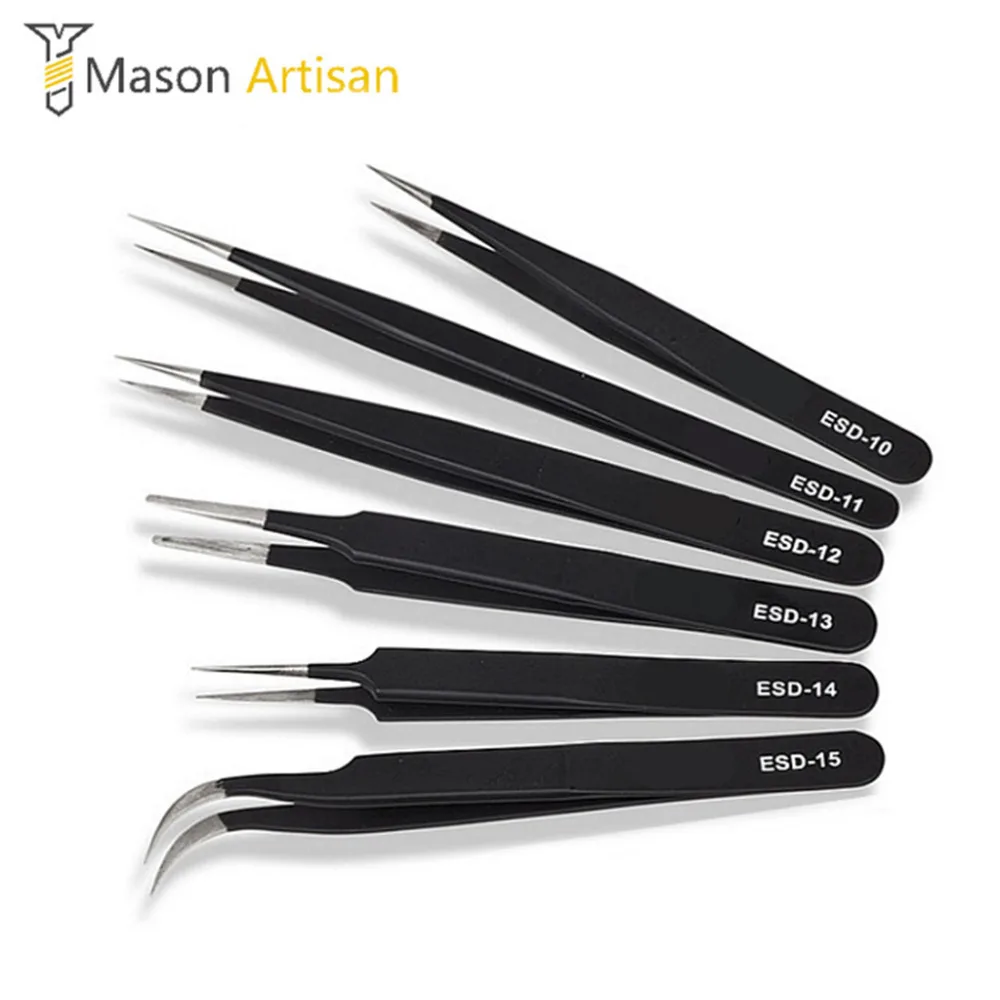 6Pcs Tweezers ESD 10 15 High elastic Anti static Stainless Steel