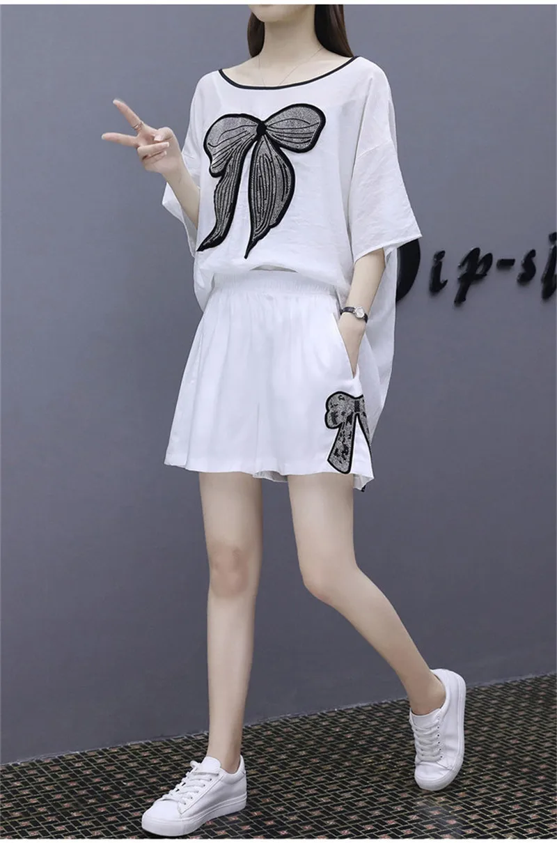 Модный комплект с шортами большого размера летние женские свободные повседневные рубашки с коротким рукавом двухсекционный костюм черная белая одежда X685