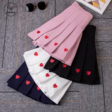 Women Fashion High Waist A-Line Skirts Love Embroidery Pleated Skirt Wind Cosplay skirt kawaii Female Mini Skirts Short Under