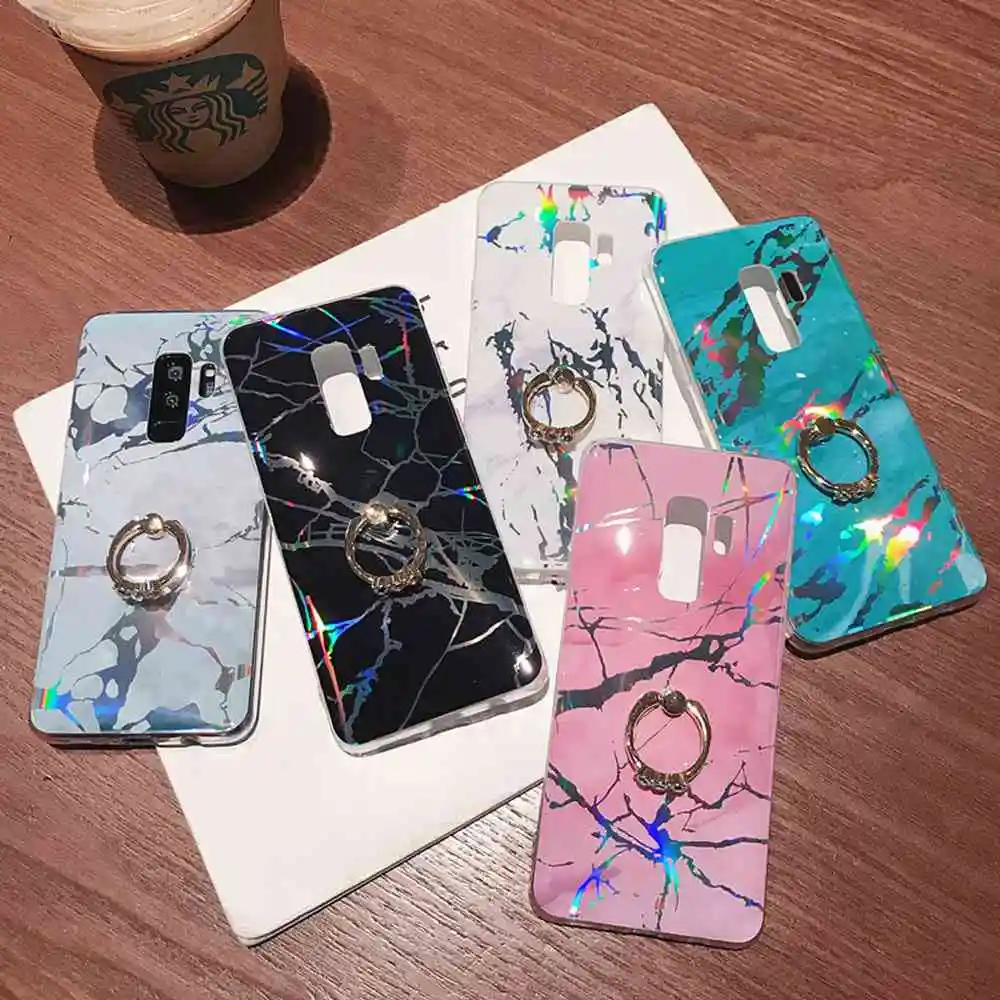 for samsung S7 S8 S9 S10 Plus case Soft TPU Laser bright glossy marble ring bracket cover coque note 8 9 cases |