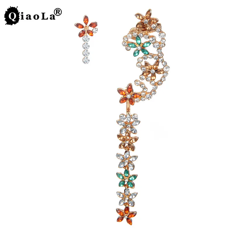 

Qiao La Gothic Earrings Colourful Crystal Cuff Wrap Drop Earrings Flower Full Rhinestone Women Dangle Earrings Jewlery