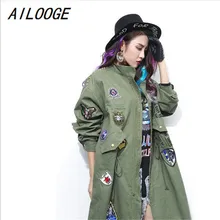 AILOOGE весенняя куртка с вышивкой, пальто, женская модная куртка-бомбер с заклепками, большие размеры, женское длинное пальто, армейское зеленое хлопковое пальто
