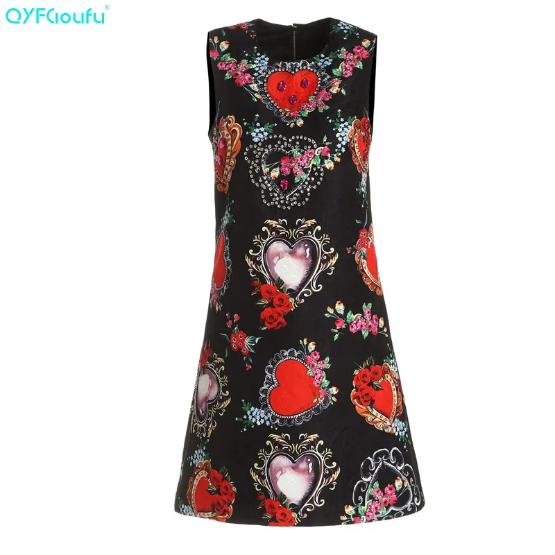 

QYFCIOUFU 2019 Summer Casual Black Short Dresses Women Party Sleeveless Heart Print Runway Dress Quality Fashions Beaded Dress