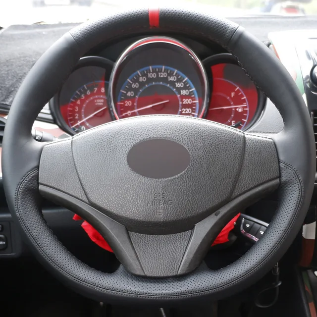 Puou DIY ручной работы Автомобильный руль крышка черная кожа для Toyota Yaris, VIOS