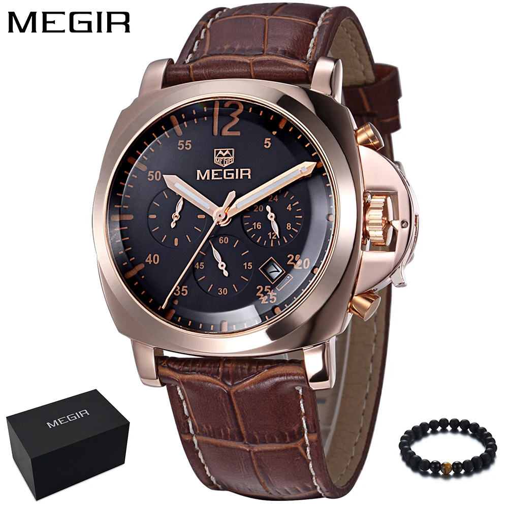 

Megir Mens Watches Top Brand Luxury Chronograph 24 hours Date Quartz Military Gold Watch Man Leather Sport Wrist Watch Men Clock