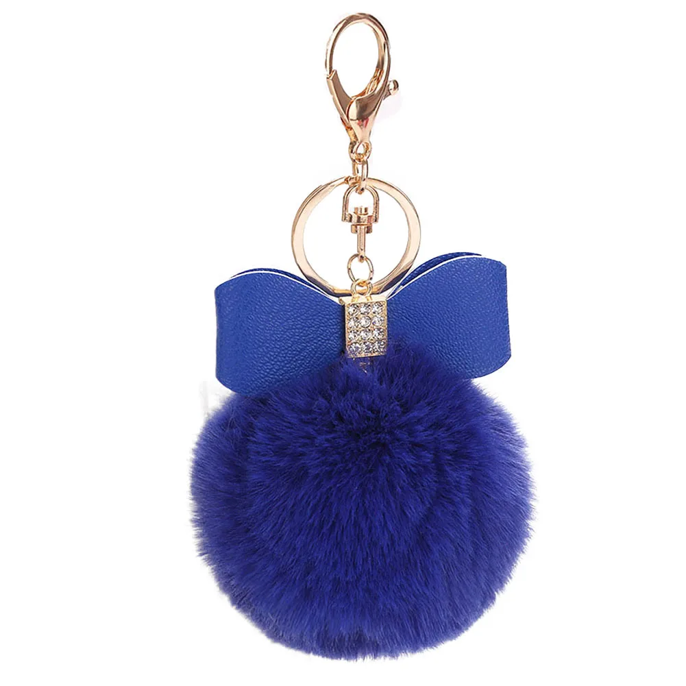 

8CM Faux Fur Bowknot Keychain Metal Rhinestone Pom Poms Plush Ball Keys Ring Fashion Gift For Women Girls M8694
