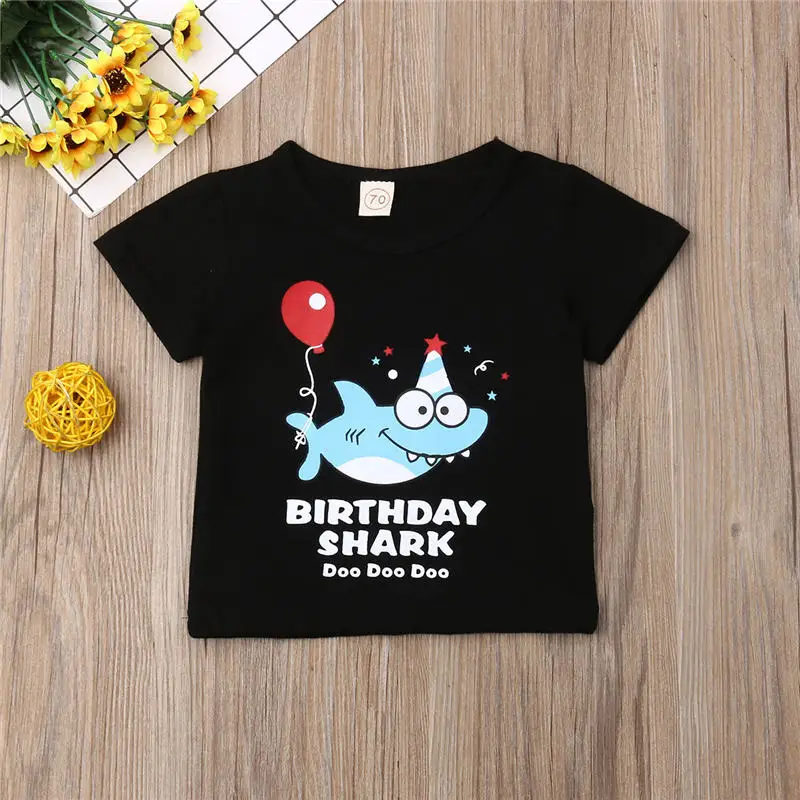 

0-4T T-shirt Toddler Boy Girl Baby Clothes My First Birthday Clothing Short Sleeve Shark Tops Kids Black T-shirt Summer