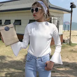 2018 новые черные белые футболки с длинным рукавом Женские повседневные тонкие футболки женские модные корейские стильные однотонные топы с