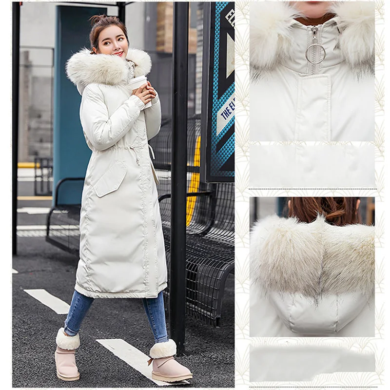 QIHUANG Fashion Big Fur Collar Hooded Long Women's Down Coat Winter Thicken High Quality Down Cotton Padded Women Down Jacket