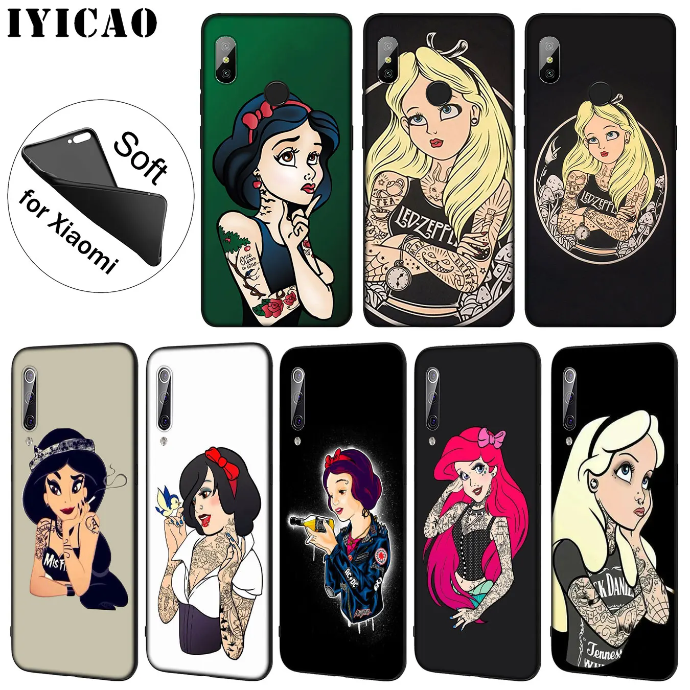 IYICAO Tattooed Alice Ariel Jasmine princess cartoon Soft Case for Xiaomi Mi 10 9 9T CC9 CC9E 8 SE A3 Pro A1 A2 Lite 6 f1 |