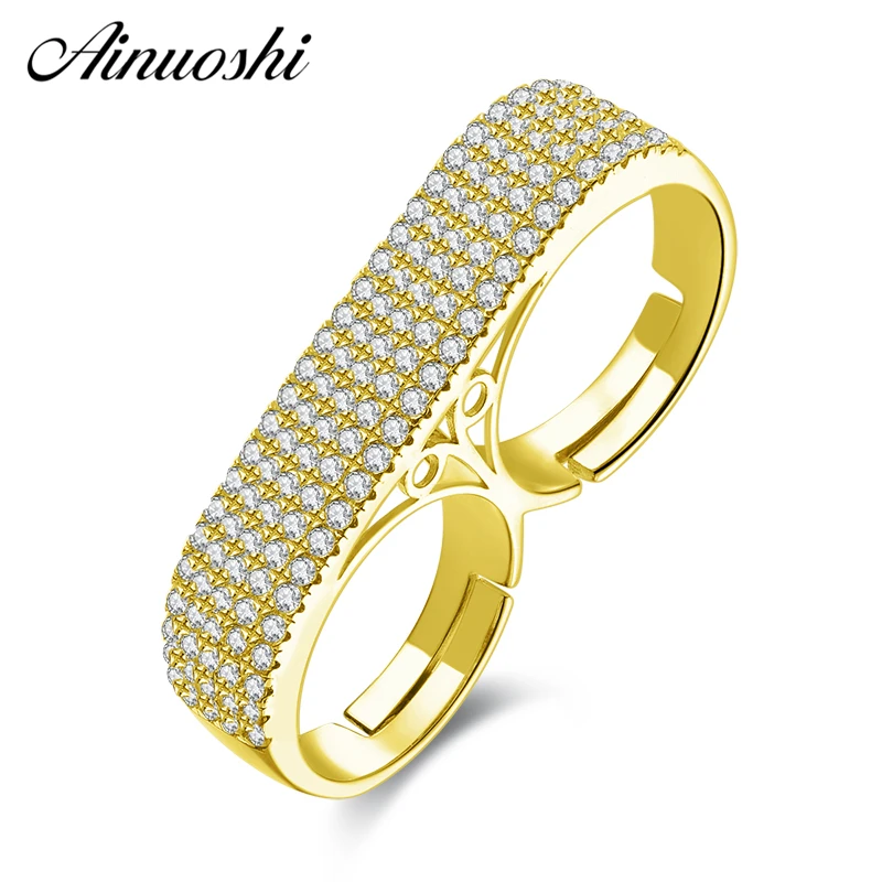 

AINUOSHI 10K Solid Yellow Gold Two Finger Adjustable Ring Regulable Band Engagement Anniversary Party Ring Jewelry for Women Men