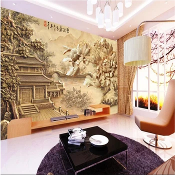 

beibehang Large Custom Wallpapers Bibo Spring Chinese Classical Wooden Reliefs TV Backdrop Walls papel de parede infantil