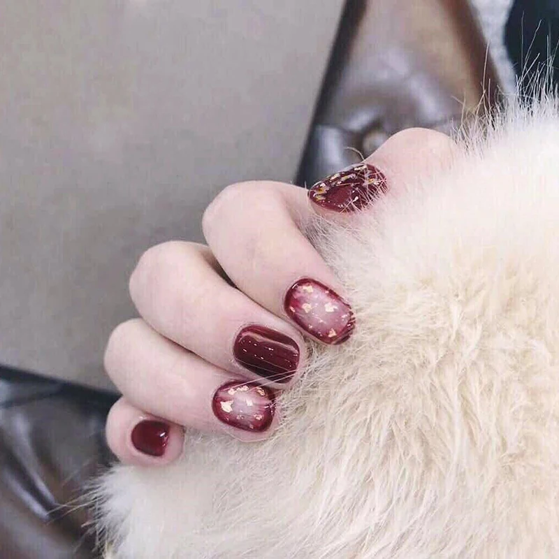 24pcs/set Wedding Noble Red Wine Diamond Manicure 3D False Fake Nails Stickers Tips With 2g Glue