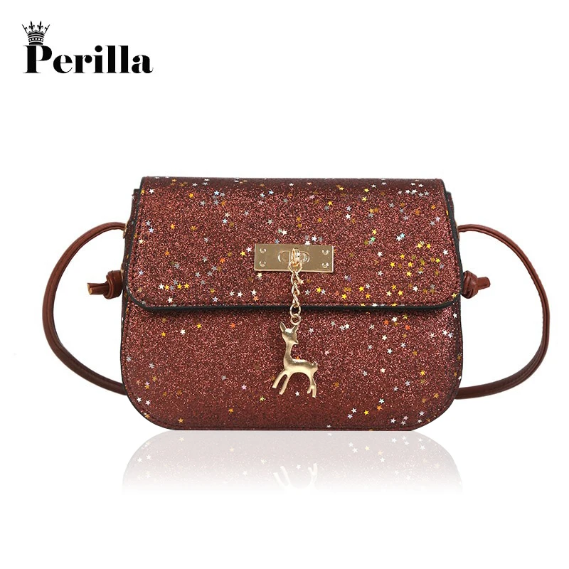 Perilla Women Vintage Sequins Leather Bags Fashion Small Shell Bag With Deer Design Shoulder Casual Crossbody | Багаж и сумки