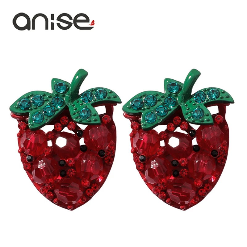 Женские серьги пусеты с красным кристаллом Anise большие клубникой и арбузом