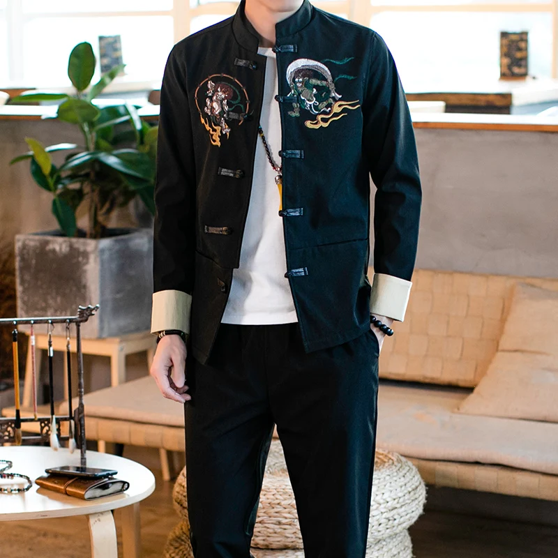 

2019 male clothes embroidery dragon tang top traditional chinese clothing for men shirt top cheongsam hanfu vintage
