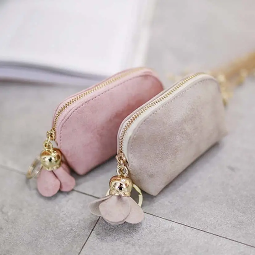 Fashion Ladies PU Leather Mini Wallet Card Key Holder Zip Coin Purse Floral Pendant Clutch Bag Small Handbag Bag