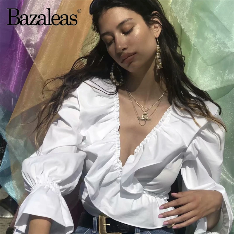 

Bazaleas Vintage Ruffles V Neck T Shirt women Retro Cross Bandage women Crop Top harajuku women Cropped T-shirt Drop shipping