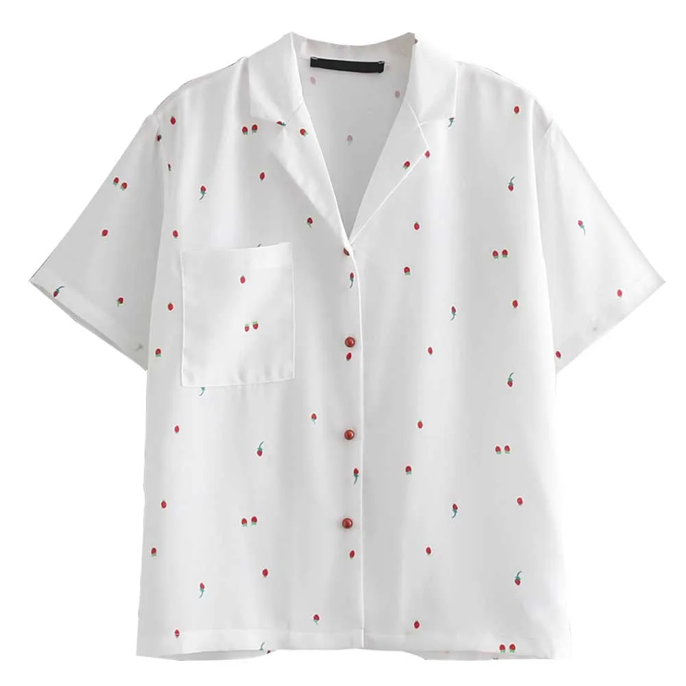 

FIRSTTO Fashion Red Strawberry Print Blouse Turn-down Collar Shirt Short Sleeve Casual One Pocket Single-Breasted Tops blusas