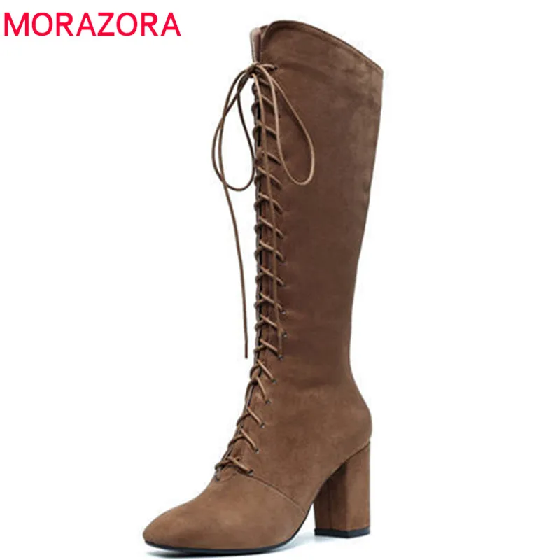 MORAZORA 2018 new arrival suede leather ladies boots lace up square toe high heels thigh high boots autumn winter shoes woman