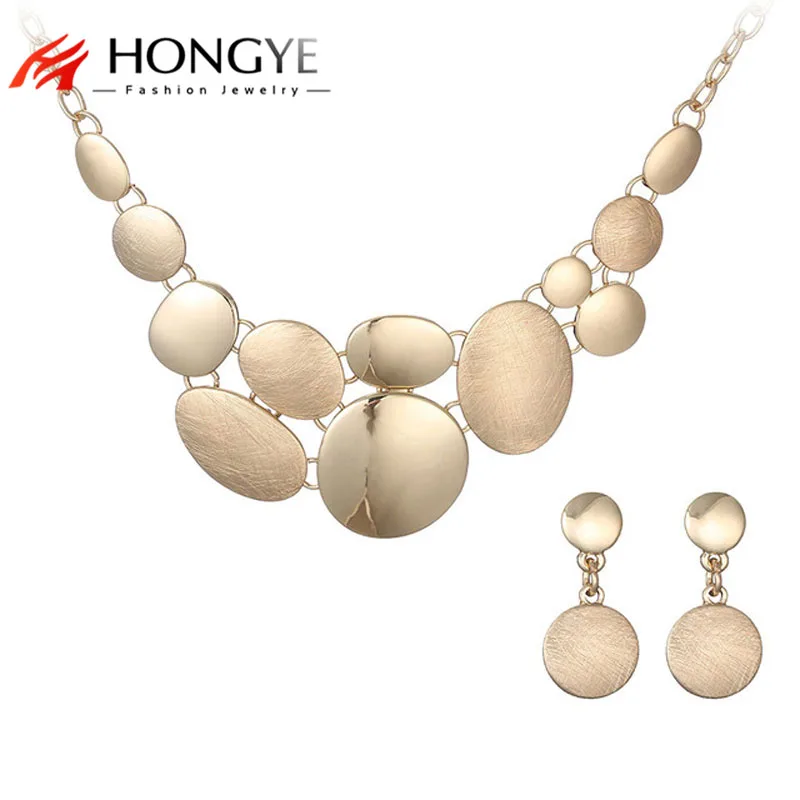 

HONGYE Jewelry Gold Color Alloy Drawing Round Chokers Necklace Drop Earrings Sets for Women with Box Chain Necklace