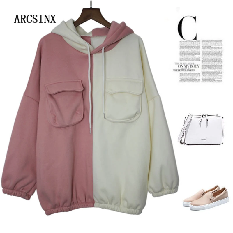 

ARCSINX Pink Sweatshirt Women's Plus Size 8XL 7XL 6XL 5XL 4XL FashionPatchwork Women's Jersey Warm Fleece Winter Hoodies Women