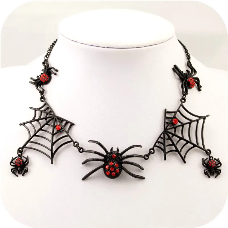 

Black Charm Necklace Earring Jewelry Set Women Retro Halloween Jewelry Spider Web Statement Chokers Ladies Accessories