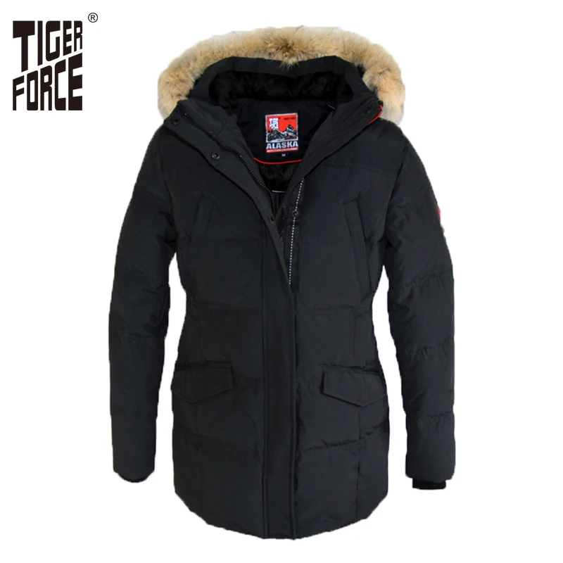 TIGER FORCE 2017 Women Down Coat Parkas Winter Fashion 70% White Duck Down Coat European Size Real Wolf Fur Collar Free Shipping