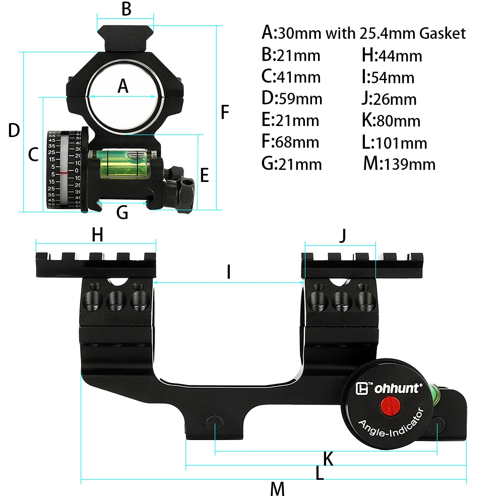 ohhunt 25.4mm 30mm Picatinny Scope Rings Mount with Angle Cosine Indicator Kit Bubb Level and Can Removed Top Two Rail (4)