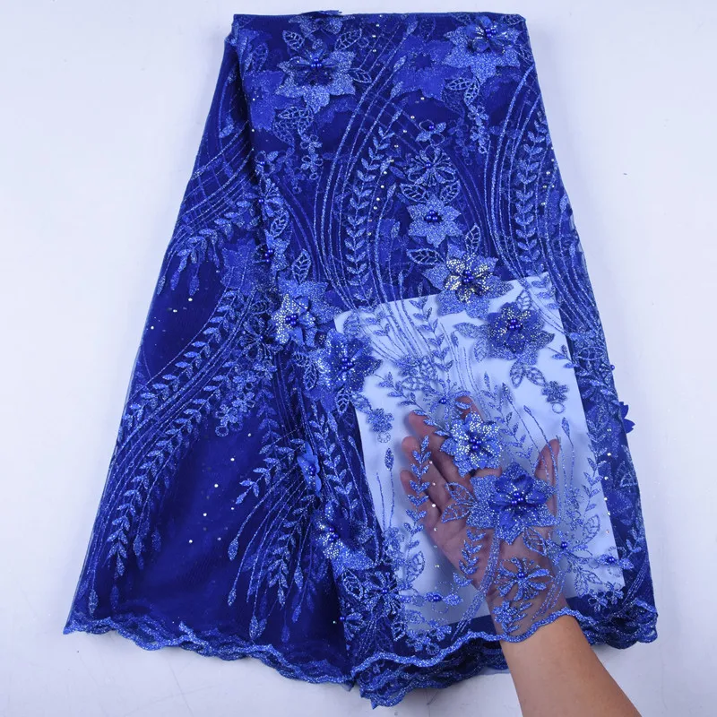 Светильник, синяя 3D кружевная ткань с бисером, африканская кружевная ткань, высокое качество, тюль, кружево для платьев, французская сетка, кружевная ткань S1579
