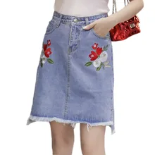 Винтаж цветочной вышивкой Джинсовые юбки Для женщин кисточкой Повседневное летние юбки Мода Карманы Прямые юбки Высокая Талия S-XL