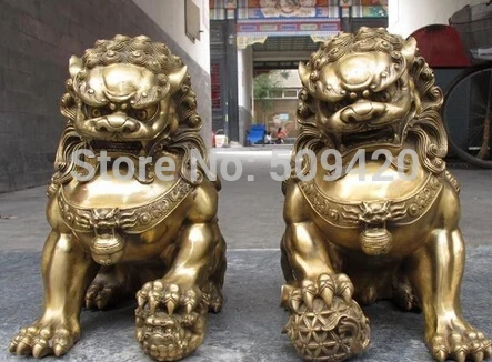 

XSF1205China regius Pure Brass Door talisman Fu Foo Dog Evil Guardian Lion statue Pair