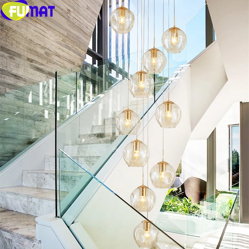 FUMAT MODO Ball Glass Spiral Staircase Villa Ceiling Lamps LED Stair Lamp Light Penthouse Chandeliers Cognac Gray Blue Fixture