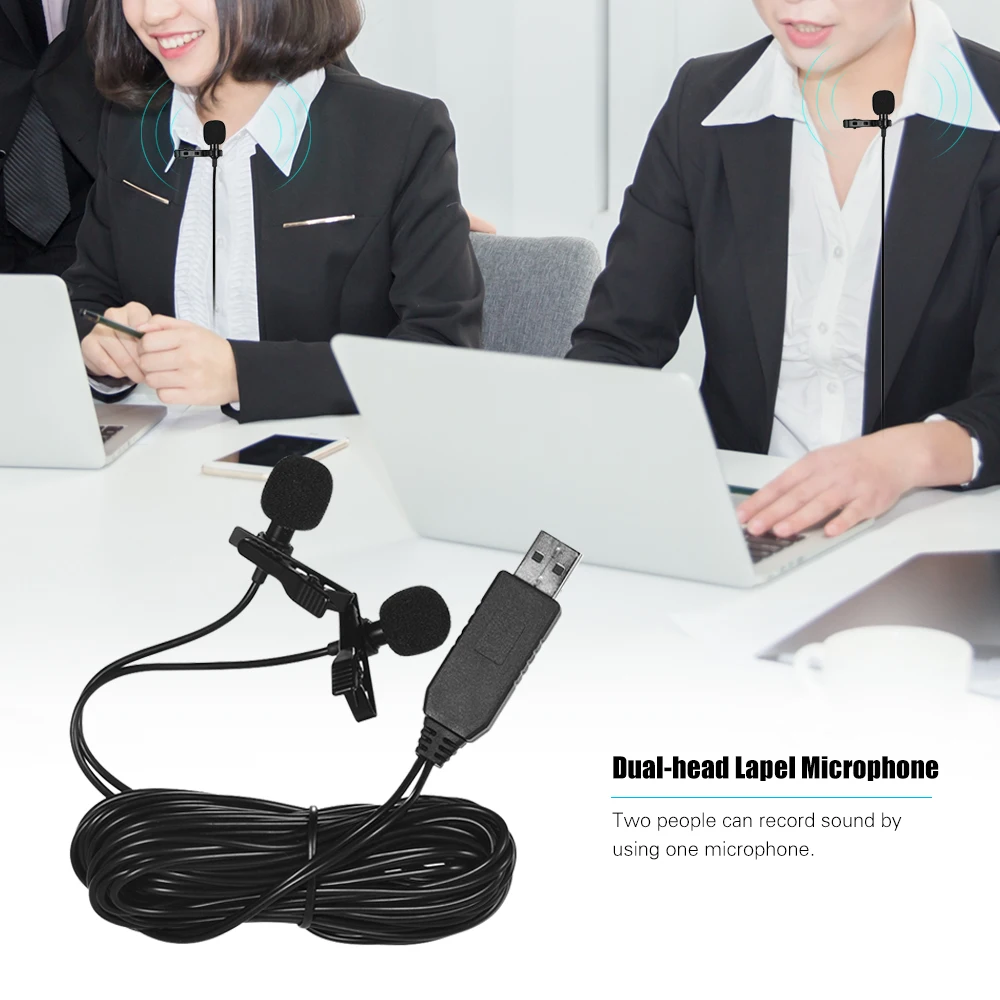 Andoer 1.5m USB Dual-head Lavalier Lapel Microphone Clip-on Omnidirectional Computer Mic for Windows Mac Video Audio Recording