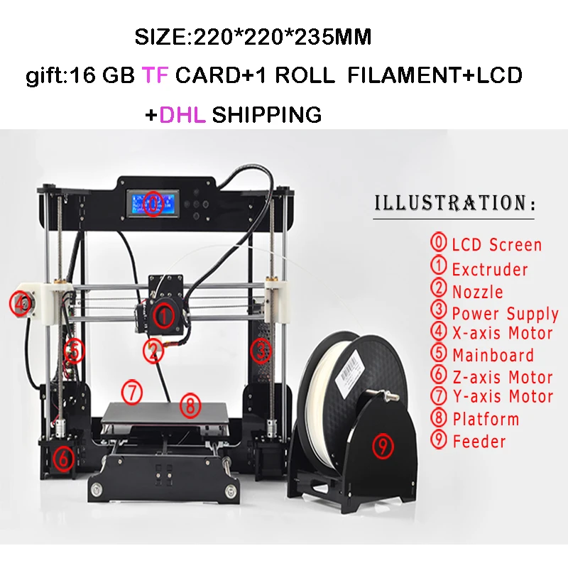 Upgraded Quality High Precision Reprap Prusa i3 DIY 3d Printer kit with 1 Roll Filament+ LCD +16GB TF card+DHL Shipning