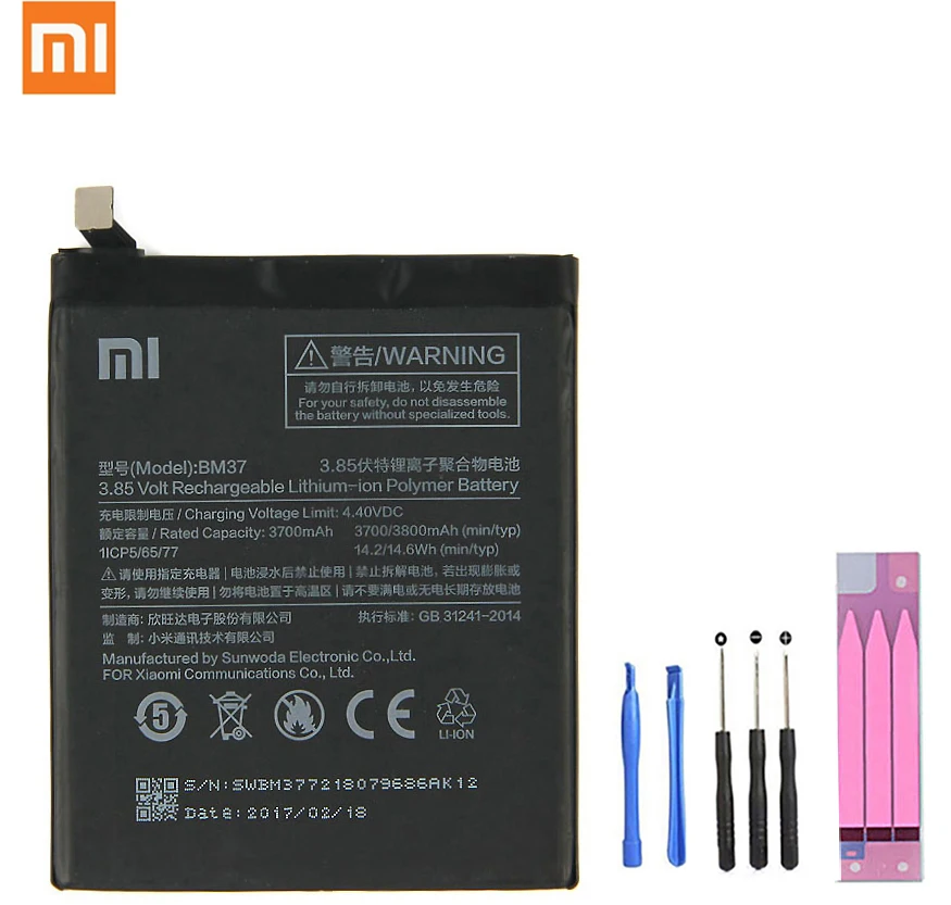 

100% Oirginal 3700mAh BM37 Battery For Xiaomi 5S Plus mi5s Plus 0 Cycle Mobile Phone Replacement Batteries + Tools kit