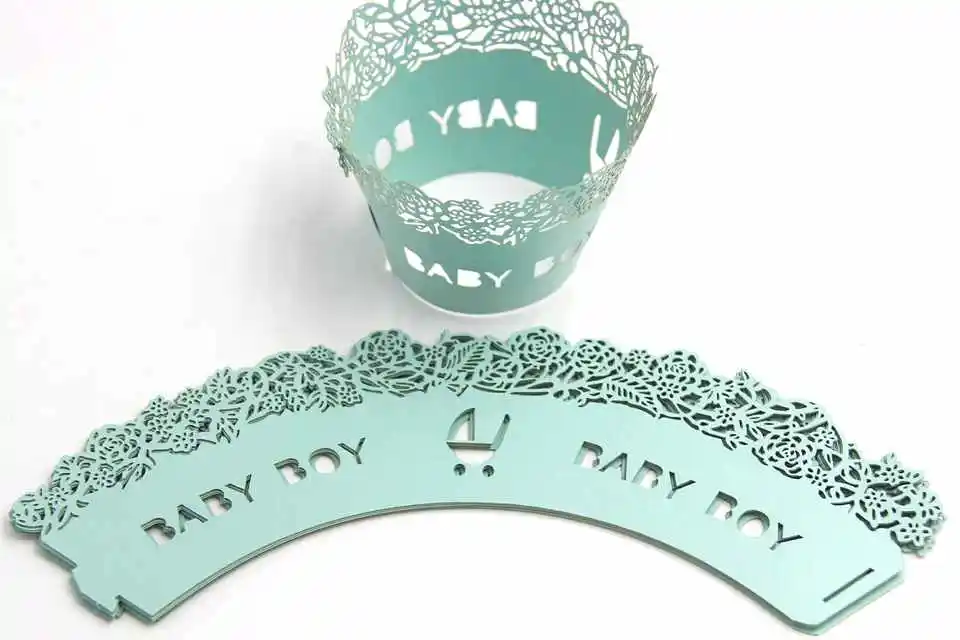 12 шт., синяя и розовая маленькая лоза, кружевная лазерная резка обертка для кексов форма для порционной выпечки, детские инструменты для украшения дома на день рождения