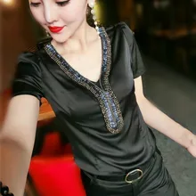 Летние модные атласные футболки с v-образным вырезом и бусинами женские атласные футболки с цветочной вышивкой Женские офисные атласные топы