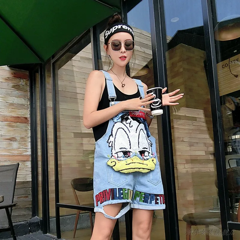 

2019 spring autumn Women Clothing Cute Cartoon Print Denim Jeans Sequin Female jumpsuits rompers Summer Leg Short Jumpsuit Femme