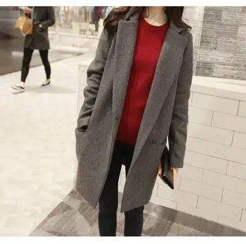 

Winter Korean Style Loose Large Size Women's Coat Suit Collar Single-breasted Solid Thick Wool Outwear Jaqueta de Feminina E47