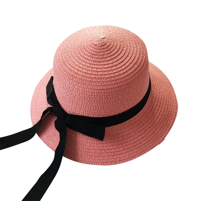 Girls Summer Cap Black Ribbon Decorate Wavy Straw Hat For Girls Children Panama Hat Kids Sun Cap Baby Beach Hats watermelon black rib