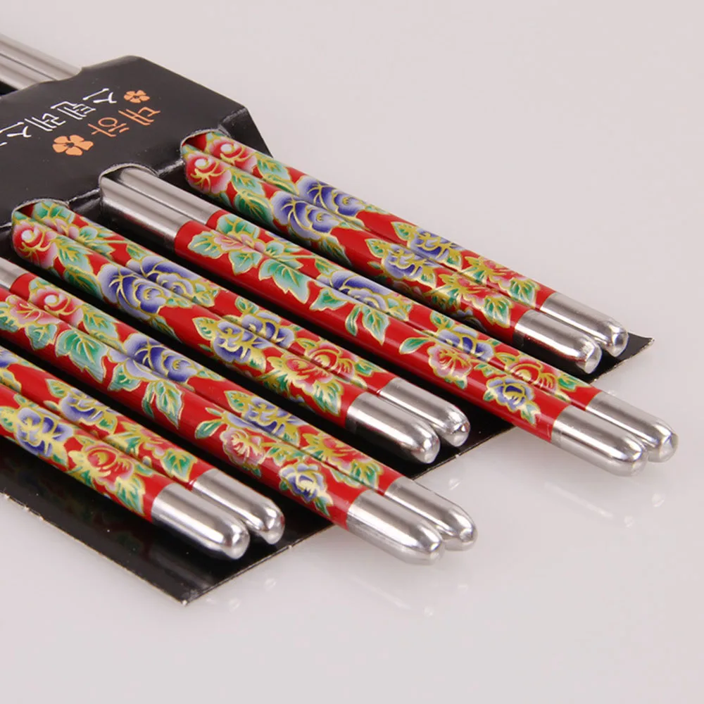 5 Pairs Stainless Steel Durable Food Stick Chinese Traditional Flowers Pattern Stainless Chopsticks Tableware Christmas Gifts