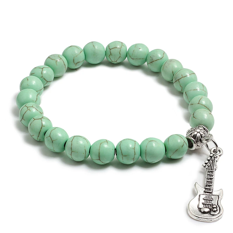 

8 MM Natural Stone Bead Pendant Distance Bracelets & Bangles Women Yoga Charm Jewelry Alloy Guitar Elastic Bracelet Gift For Men
