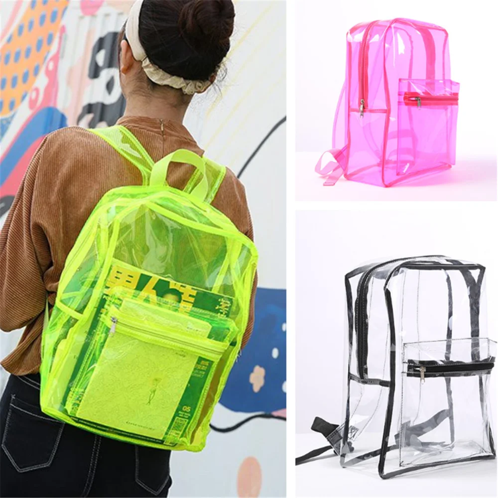 

1 Fashion Women Men Transparent Shoulder Bag Large Capacity Unisex Jelly Color Backpack Clear PVC Casual Travel Shopping Daypack