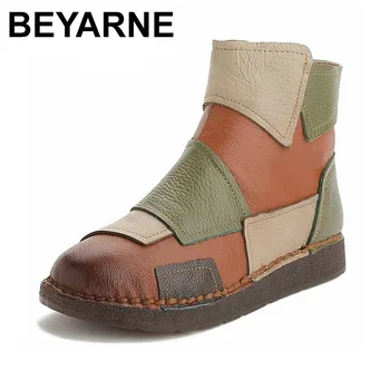 

BEYARNE 2018 Spring Autumn Real Genuine Leather Women Boots Retro Handmade Mixed Colors Ankle Boots Women Flat Casual Shoes