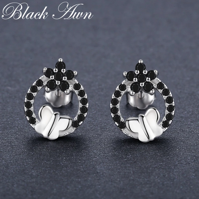 

Romantic Flower 1.8g 925 Sterling Silver Jewelry Natural Butterfly Black Spinel Party Stud Earrings for Women Bijoux T205