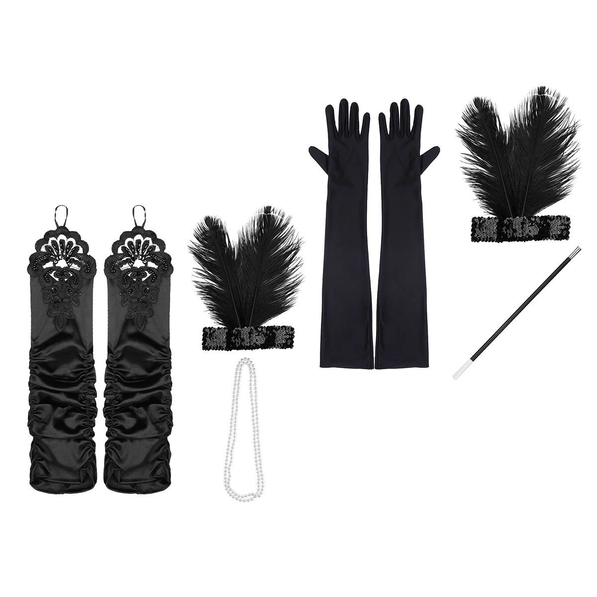 

4Pcs Women Headband Pearl Necklace Gloves Cigarette Holder 1920s Flapper Gatsby Costume Accessories Set Halloween Party Supplies