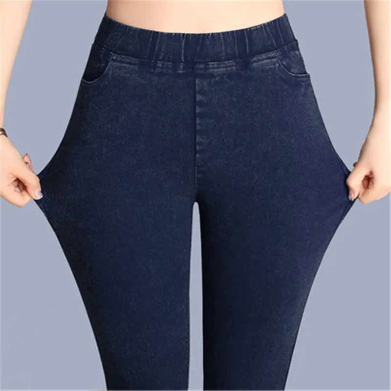 

New Fashion Girls Jeans Spring Tight Waist Elastic Band Skinny Slim Pencil Pants Blue Black Cotton Denim Patchwork Pockets Big