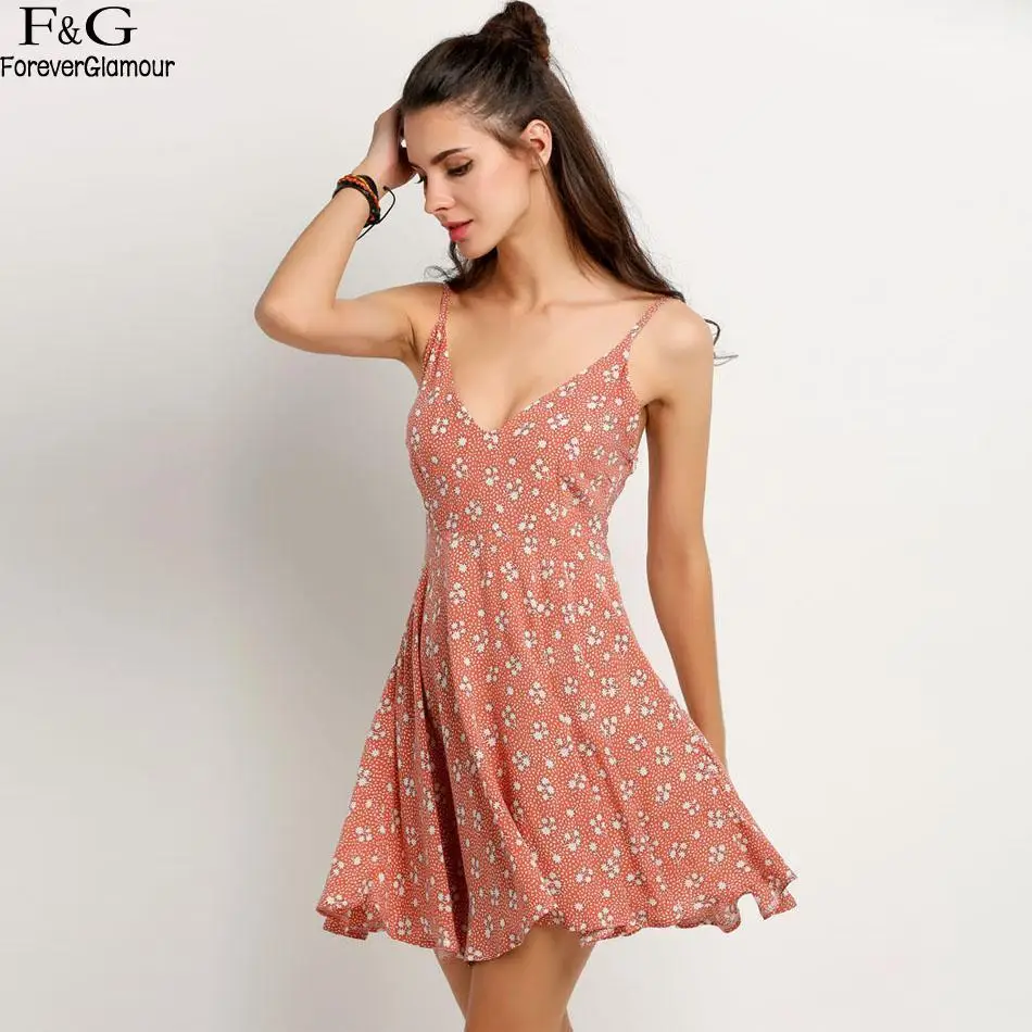 Платье Спагетти ремень v образным вырезом Backless Print A Line Mini women|Платья| |