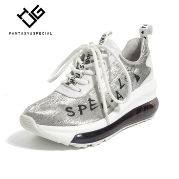

IGU Women Casual Shoes Lovers Genuine Leather Dad Platform Chunky Sneakers Harajuku Flat Thick Sole Tenis Wedge Sliver Walking